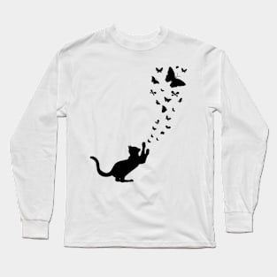 Black Cat Catching Butterflies Long Sleeve T-Shirt